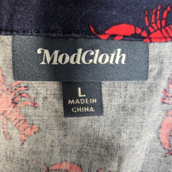 Modcloth Mini Shirt Dress Womens Large Medium Lobsters Navy Blue Red Coastal - Picture 6 of 9